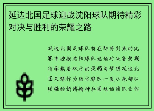 延边北国足球迎战沈阳球队期待精彩对决与胜利的荣耀之路